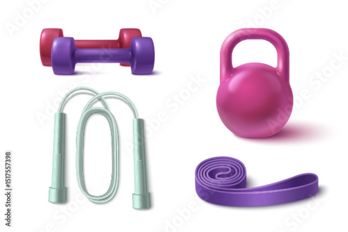 3d gym equipment collection - colorful dumbbells pair in pink and purple, kettlebell with smooth handle, turquoise jump rope, elastic resistance band rolled for fitness training workout exercises.