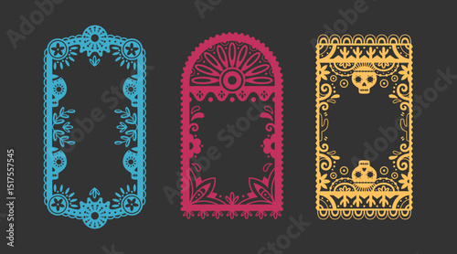 Mexican papel picado frame border set - blue rectangular cutout with flowers and leaves, pink arch design with sunburst motif, yellow rectangle with skull patterns for dia de muertos celebrations.