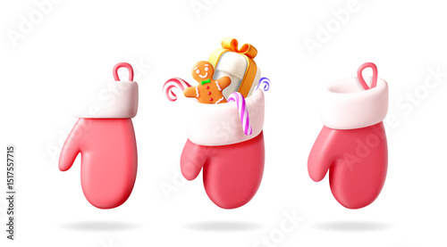 Winter glove set with giftbox, gingerbread man, and candy cane. Merry Christmas holiday decoration 3D vector illustration concept.