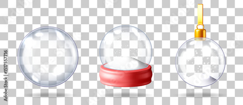 Set of realistic 3d snow globes. Glass sphere with snow and a transparent christmas tree ornament. Winter holiday season and New Year decoration concept.