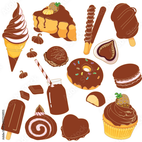 watercolor drawings, a set of chocolate sweets croissant, cake, chocolate, cookies, chocolate fountain, apple and chocolate covered strawberries