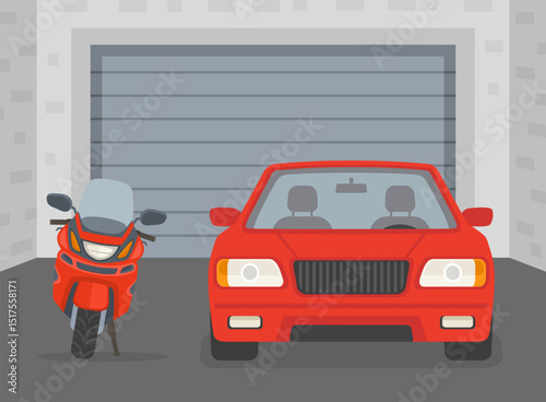 Driving a car. Front view of a red sedan car and red motorcycle in a garage. Indoor parking inside view. Flat vector illustration template.