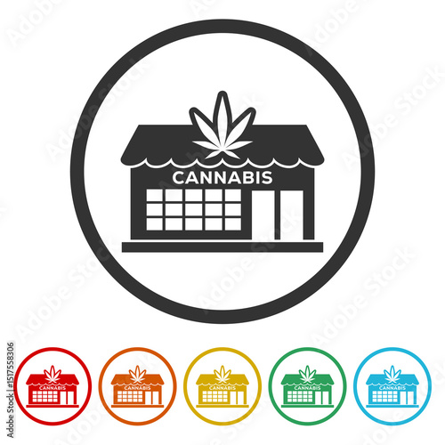 Marijuana and cannabis store icon. Set icons in color circle buttons