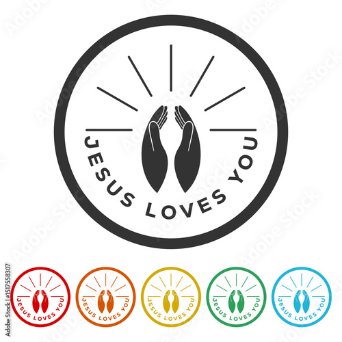 Jesus loves you Lettering praying hand. Set icons in color circle buttons