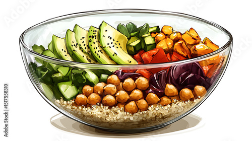 Colorful Quinoa Salad with Avocado, Chickpeas, and Vegetables in a Glass Bowl