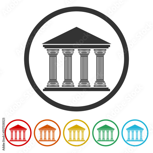 Bank or Government building icon. Set icons in color circle buttons