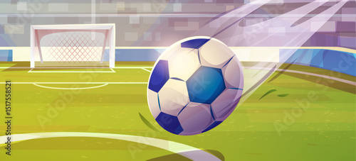 Cartoon soccer stadium scene with flying ball in motion blur, green field pitch, white goal net, bright sunlight streaming through stands for football sports game animation background illustration.