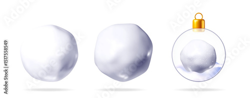 3d vector illustration set icon of realistic snowballs and a clear glass christmas ornament with snow inside.