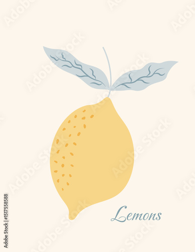 Vertical poster with lemon and leaves. Minimalist card with hand drawn lemon and leaves. Dolce vita aesthetic. Italian summer vacation. Vector design for menu, card, banner, cover
