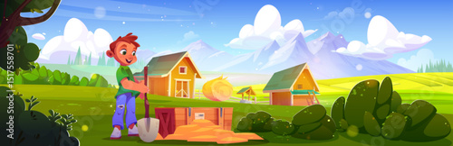 Cartoon boy digs near wooden box in country village - child with shovel stands beside wood parcel on farm landscape. Rural scene with houses, mountains, green fields and kid uncovers delivery package