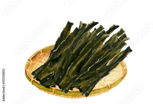 水彩で描いたザルに盛った昆布のイラスト【手描き】白バック 切り抜き コピースペースあり