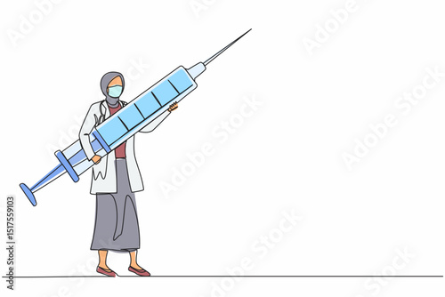 Continuous one line drawing Arabian woman doctor holding syringe with medication. Medical staff stand with large disposable syringe. Vaccination concept. Single line design vector graphic illustration