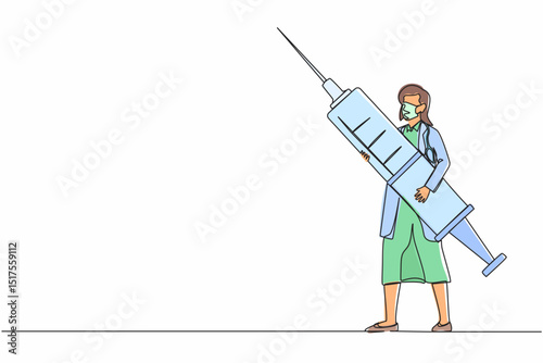 Single one line drawing woman doctor holding syringe with medication. Medical staff stand with large disposable syringe. Vaccination concept. Continuous line draw design graphic vector illustration