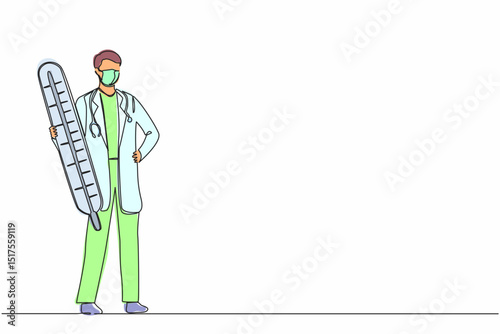 Continuous one line drawing therapist doctor with mask on his face carry thermometer in the hospital. Male nurse or doctor in medical outfit with stethoscope. Single line draw design vector graphic