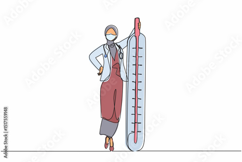 Single one line drawing therapist doctor with mask on her face carry thermometer in hospital. Arabian female nurse or doctor in medical outfit with stethoscope. Continuous line design graphic vector