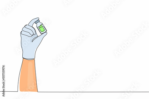 Single one line drawing doctor's hand holding medicine bottle with vaccine for coronavirus. Virus protection. Covid-19 vaccination with vaccine bottle. Continuous line draw design vector illustration