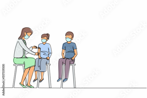 Single one line drawing doctor in clinic giving coronavirus vaccine to children, little girl. Vaccination kid at hospital. Prevention COVID-19. Continuous line draw design graphic vector illustration