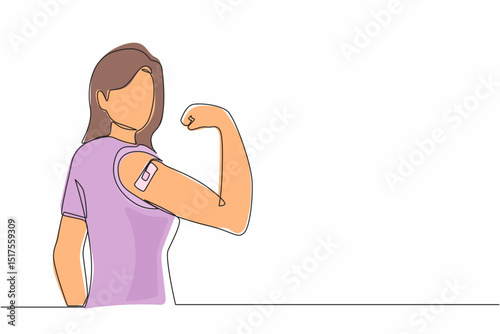 Single one line drawing young woman wearing protective mask showing her arm with bandage after receiving covid-19 vaccine. Vaccination, fight against coronavirus. Continuous line design graphic vector