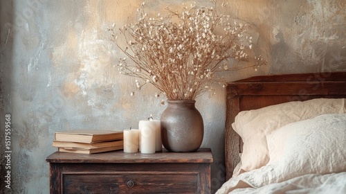 Rustic wooden bedside table with dry plants in vase, old books, and candles