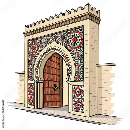 A detailed rendering of an ancient Arabian gate, featuring a pointed arch and intricate mosaic tilework.  Show weathered stone and surrounding desert landscape.