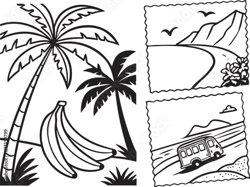 A vintage vector illustration set of tropical island elements, featuring palm trees, a beach, and the sea, perfect for summer travel and vacation designs