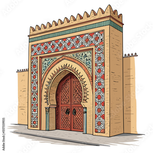 A meticulously detailed image of an ancient Arabian gate, featuring a pointed archway adorned with intricate mosaic tilework.  Show weathering and age.