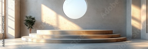 Empty, circular, modern display podium in a sunlit room.