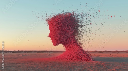 Woman head dissolving into particles at sunset in the desert