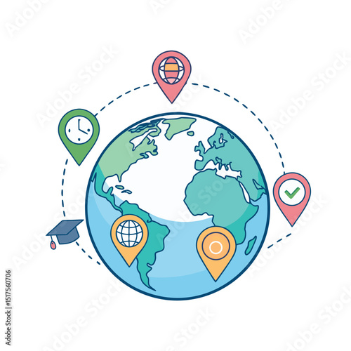 "Globe with Colorful Location Pins Vector Icon – Global Education and Communication Concept"
