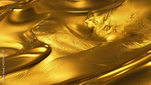 Smooth, flowing golden liquid with shimmering texture creates luxurious, opulent appearance, reflecting light beautifully and evoking warmth and elegance.