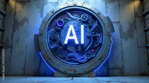 Futuristic AI-themed wall art featuring a glowing circular design with intricate mechanical details