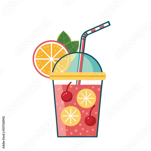 "Tropical Drink Vector Icon – Refreshing Beverage with Fruit Garnish and Straw in Flat Design"