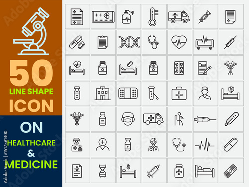 Healthcare and medicine vector Strock line shape expanded icon set. Healthcare and medicine icon set including hospital, pharmacy, medicine, ambulance, tablet, drug, pill, doctor, microscope, nurse