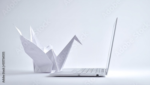 A symbol of peace and digital connectivity as a folded paper crane rests on a laptop in a bright clean