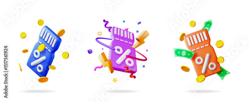 Three 3d discount coupon vouchers with confetti and flying coins. Concept of special offer and shopping promotion for retail sale.