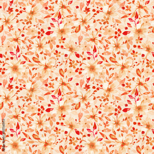 Fototapeta Naklejka Na Ścianę i Meble -  Orange leaves and flowers repeat pattern. Abstract drawing. Botanical digital print hand drawn with watercolor. Floral seamless tile. Autumn flowers background for textile, fabric, clothing