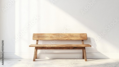 Simple wooden bench in front of clean white wall