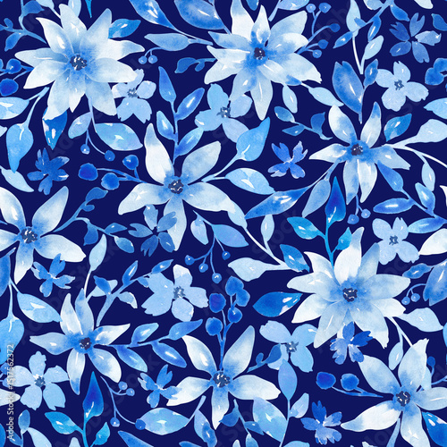 Fototapeta Naklejka Na Ścianę i Meble -  Blue leaves and flowers repeat pattern. Abstract drawing. Botanical digital print hand drawn with watercolor. Not AI. Floral seamless tile. Winter flowers background for textile, fabric, clothing