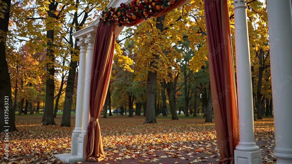 Sunlit autumn park gazebo with falling leaves and vibrant foliage.