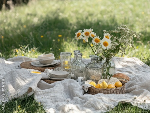 A sustainable picnic with glass containers, fabric napkins, and handmade reusable decorations photo