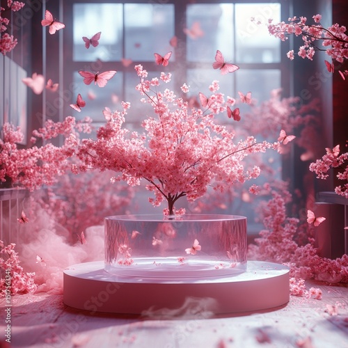 Delicate pink blossoms and butterflies in a luminous indoor setting.