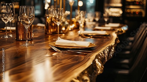 Sophisticated wooden dining table with gold accents and decor