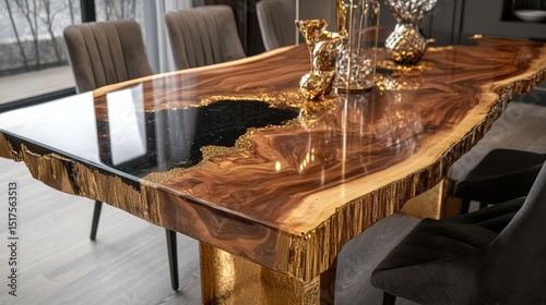 Sophisticated wooden dining table with gold accents and decor