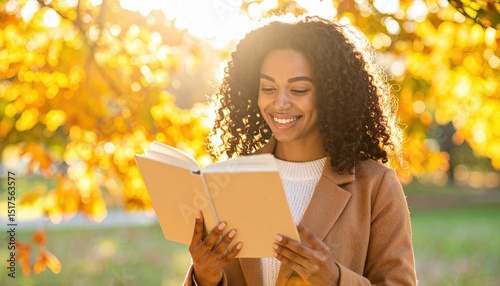 Young woman reading a book outdoors in autumn, surrounded by vibrant yellow and orange leaves, smiling joyfully in nature