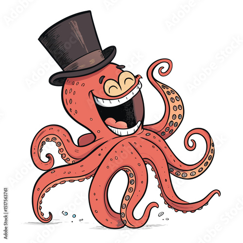 Generate an image of a cartoon octopus wearing a top hat, laughing heartily, isolated on a white background.  The octopus should be vibrantly colored.