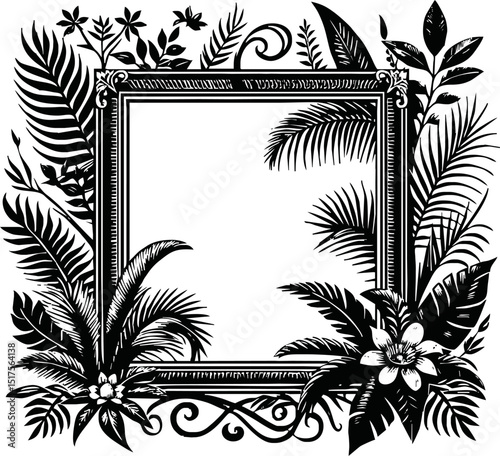 Tropical palm leaf silhouette vector illustration. Black and white tropic foliage vertical border frame. Amazon rainforest plants on a transparent background for beauty and fashion posters, mockups