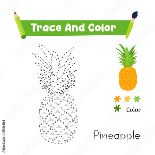Handwriting Practice. Trace And Color The Pineapple Which Is Perfect. Vector Illustration