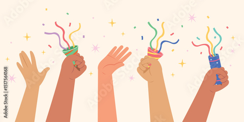 Banner hands holding firework, Firecracker explodes with ribbon explode for surprise, Celebration events design.