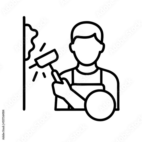 Line icon of male plasterer applying plaster to wall with hammer and chisel, construction worker symbol