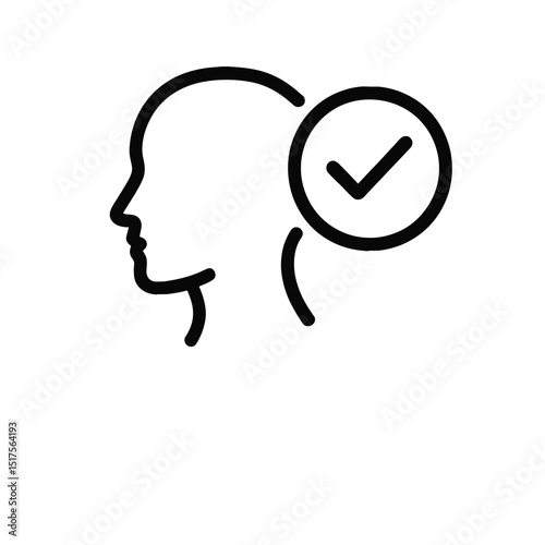 Line icon of head profile with check mark representing mental health and positive thinking